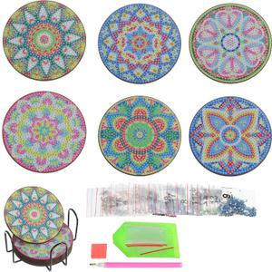 PATIKIL Diamond Art Coasters, 6 PCS Diamond Art Painting Coasters Kit Small DIY Coaster 5D with Holder for Adults Gift Christmas, Mandala Flowers
