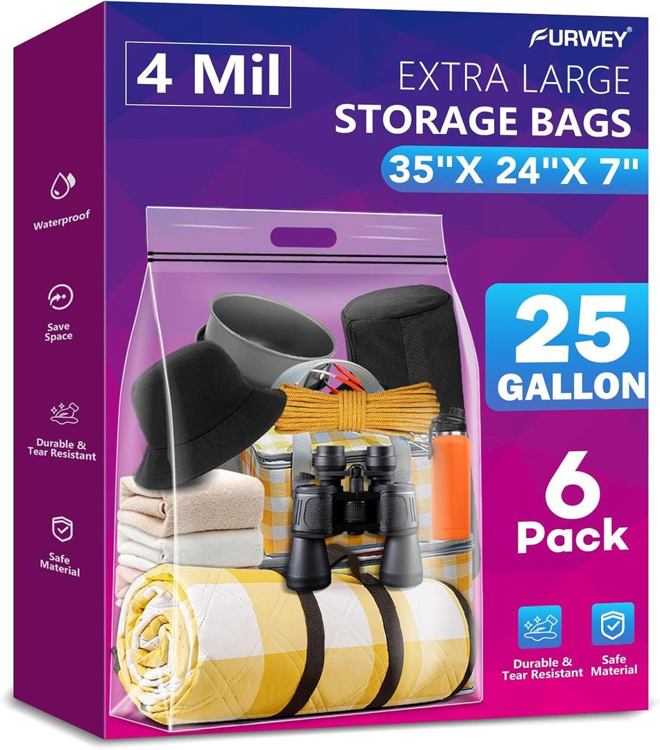FURWEY 25 Gallon Extra Large Storage Bags 35x 24Resealable Clear Bags with Handle 4 Mil Thick Heavy Duty Big Bag for Clothes Pillow Travel Moving,Bedding,Shoes and Toys Storage, Pack of 6