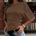 Womens Crop Cinched Waist Top Half Sleeve Ruched Going Out Tops 2026 Summer Y2K Tee Shirts (Brown, L)