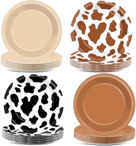 CHUNNIN 48Pcs Western Cowboy Party Paper Plates 7” Cow Print Party Supplies Brown Cowgirl Disposable Dessert Dinner Plates for Western Theme Farm Animal Birthday Baby Shower Farmhouse Party Decoration