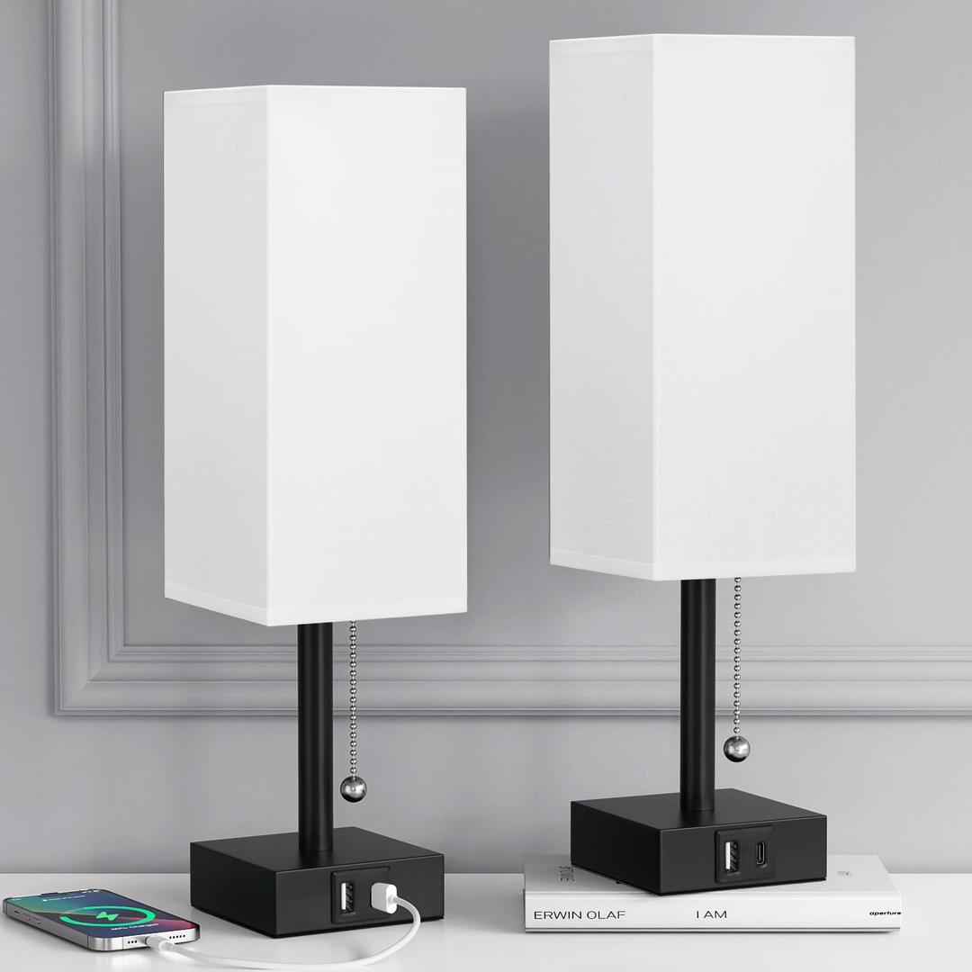 aooshine Bedside Table Lamps Set of 2 - Small Bedroom Lamps with 3 Color Temperatures (3000K/5000K/4000K), Square Nightstand Lamp with USB C + A Charging Ports, Pull Chain Night Light,  (White & Black)