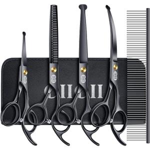 CIICII Dog Grooming Scissors Kit, 7 Inch Professional Pet Grooming Scissors Set with Safety Round Tip (Dogs/Cat Hair Cutting Trimming Thinning Shears with Curved Scissors) for DIY Home Salon (Black)