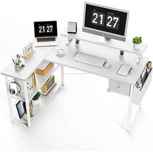 DOMICON Gaming Desk, 47 inch L Shaped Gaming Desk, Computer Desk with LED Lights & Adjustable Stand, Power Outlets, Storage Drawer-White