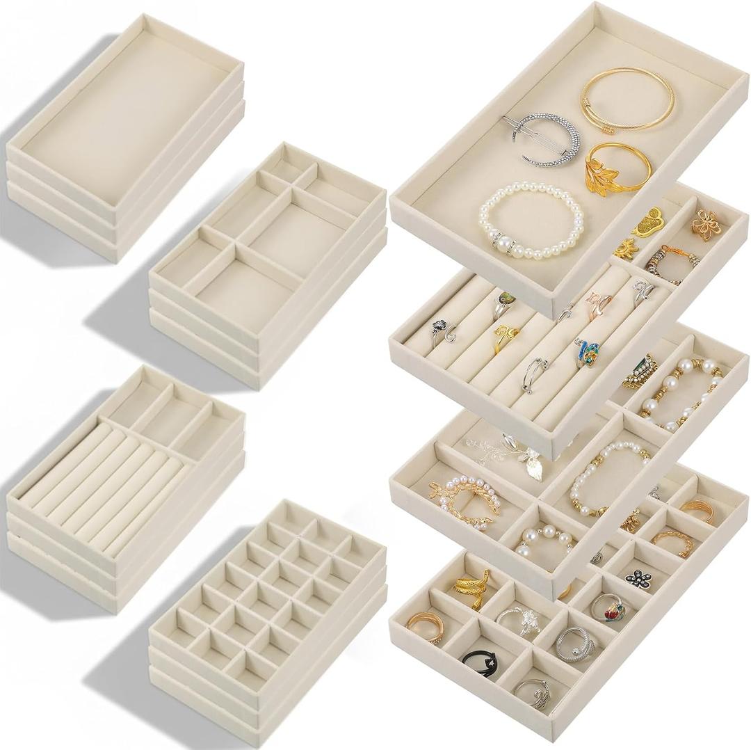 12 Pack Velvet Jewelry Organizer Trays for Drawer, Stackable Storage Display Case with Removable Dividers for Necklace, Bracelet, Rings, Earrings - Beige