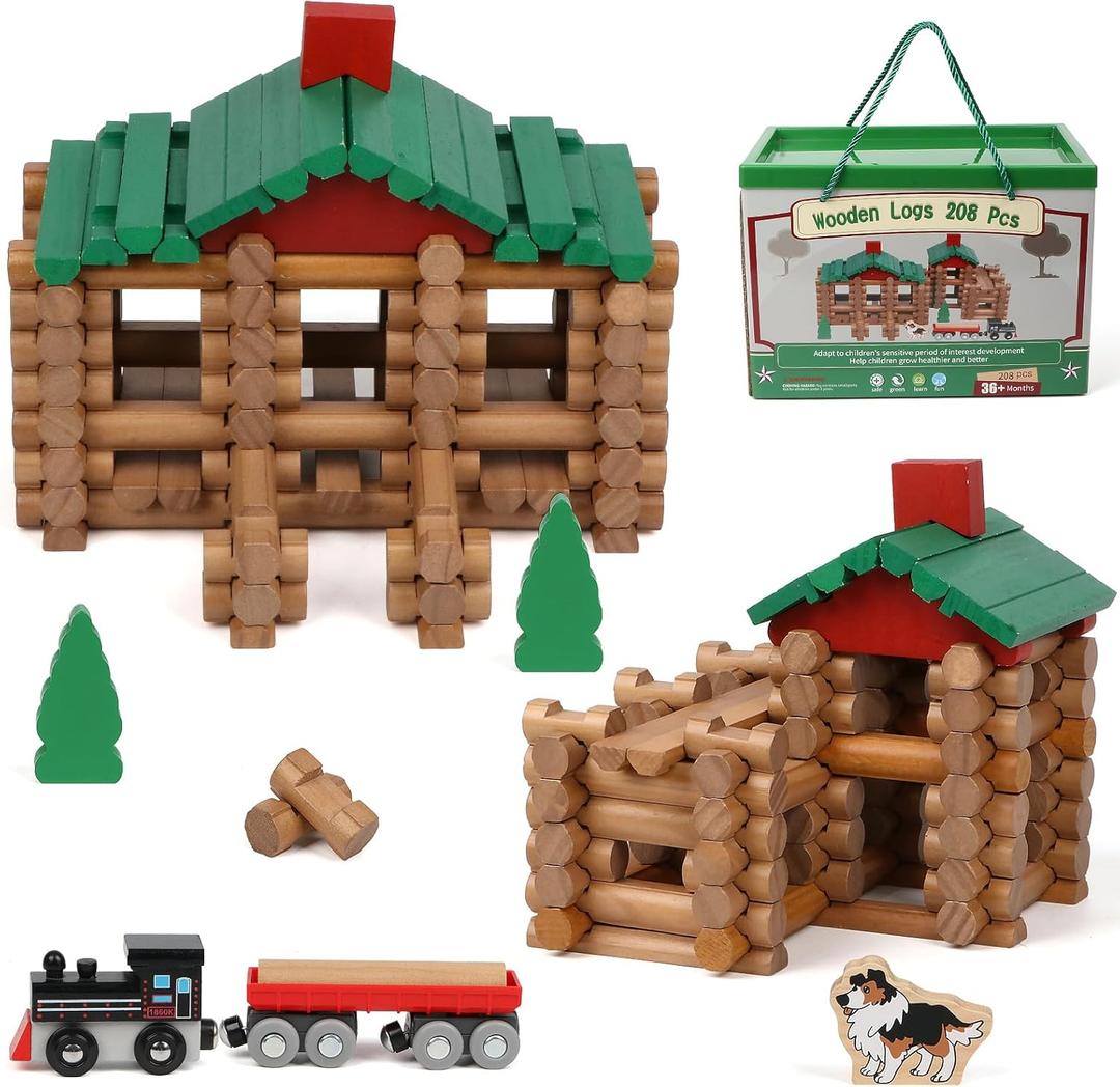 Wondertoys 208 Pcs Wooden Log Set - Classic Building Logs Ages 3+ - Best Retro Building Gift Set for Boys - Creative Construction Engineering Educational Gifts