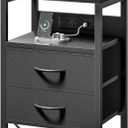 Lazzanto Nightstand Bedside Charger Table for Bedroom - Night Stand with Charging Station, Modern Nightstand with Open Shelf & 2 Fabric Drawers, Bed Side Table with USB-C Port for Dorm, Black