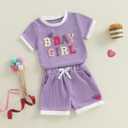 Kayotuas Toddler Baby Girl Summer Clothes 3D Flower Bow Short Sleeve T Shirt Tops Shorts 2Pcs Set Cute Infant Waffle Outfits (Purple)