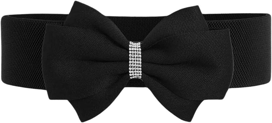 Verdusa Women's Rhinestone Bow Elastic Wide Belts Stretchy Waist Buckle Belt (suit waist size:33.5-37.4", Black)