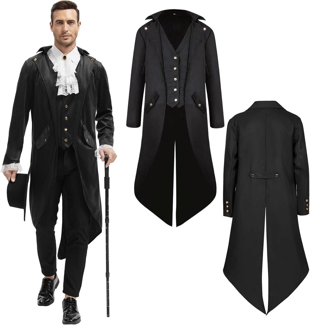 Steampunk Jacket Men Renaissance Tailcoat Medieval Costume Halloween Costumes for Mens (3X-Large, Black)