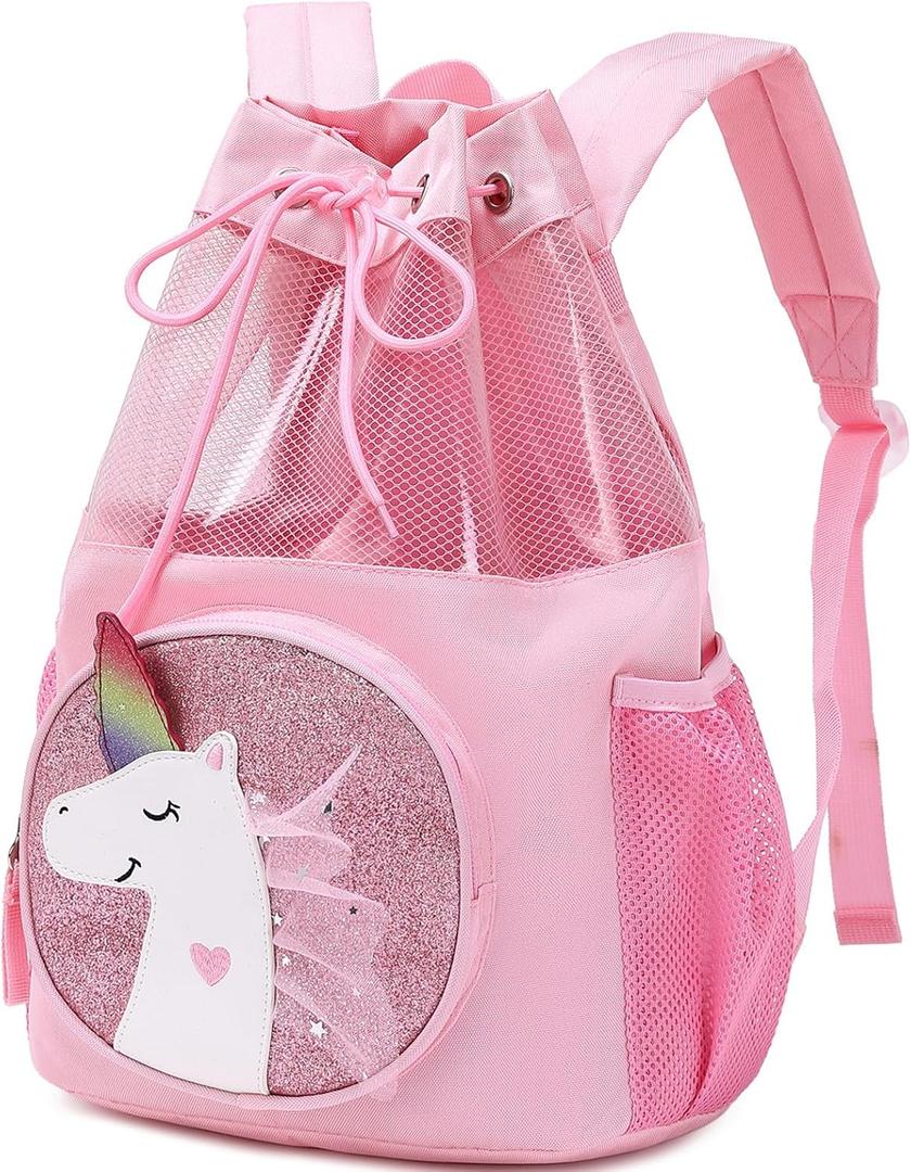 mygreen Drawstring Backpack Gym Cinch Bag for Swim Beach Sports Waterproof for Kids (Medium, Pink, Unicorn, Non-detachable)