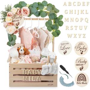 Wooden Baby Shower Crate Closet  Customizable Wooden Crate Box with Dual Rod System, Personalized Baby Shower Basket Alphabet Letters, Easy Assembly Baby Baskets for Baby Shower (Natural Wood)