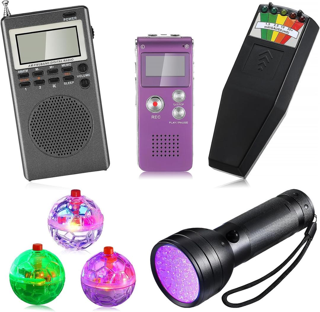 Saillong 7 Pcs Ghost Hunting Equipment Kit 1 Electromagnetic Paranormal Radiation Detector 1 Digital EVP Voice Recorder 1 Hand Held Radio 1 UV Flashlight 3 LED Light up Cat Balls, 8gb(Multicolor)