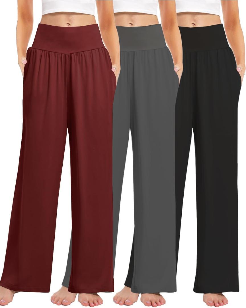 Kivdol 3PACK Women's Casual Loose Wide Leg Cozy Pants Yoga High Waisted Sweatpants Comfy Lounge Pants with Pants with Pockets (Size: Medium, Red)