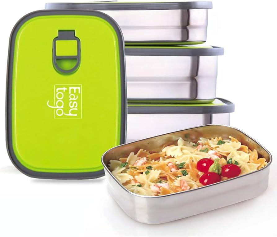 3 Pack Stainless Steel Food Storage Containers with Lid, Reusable, Meal Prep Rectangular Airtight Lunch Box for Adult - 37oz+23oz+12oz Green Snack Box