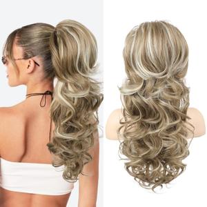 SEIKEA Ponytail Extension, 22" Long Wavy Curly Drawstring Ponytail Multi-layered Fluffy Thick Clip in Hair Extensions Natural Soft Synthetic Hairpiece Light Blonde with Ash Brown
