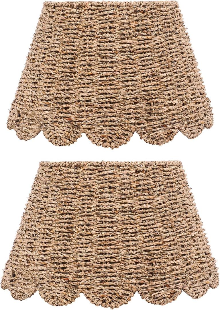 Riakrum 2 Pcs Scalloped Seagrass Lamp Shade 9" Top x 14" Bottom x 9-1/2" Slant Rattan Scalloped Lamp Shade for Table home