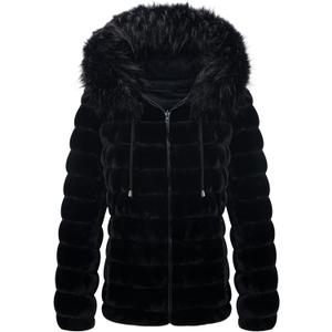 Bellivera Women Double Sided Faux Fur Jacket Spring and Winter Fashion Reversible Hood Puffer Coat with Fur Collar (Black)