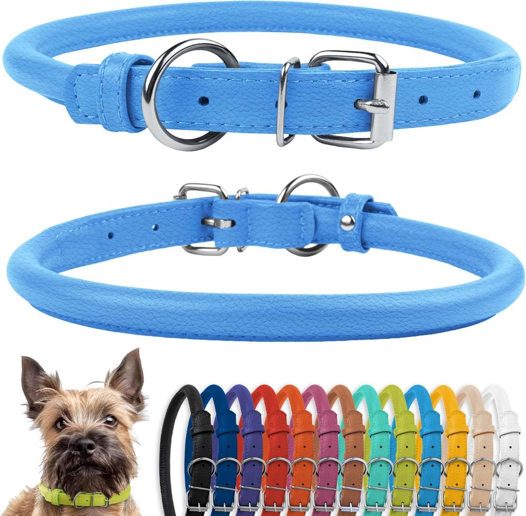 CollarDirect Rolled Leather Dog Collar, Soft Padded Round Puppy Collar, Handmade Genuine Leather Collar Dog Small Large Cat Collars (11-14 Inch, Light Blue Textured)