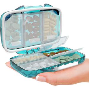 Travel Pill Organizer  Compact Medicine Kit for Purse, Portable Pharmacy Pill Box with Labels, Moisture-Proof Vitamin & Supplement Holder with 7 Secure Compartments for Home & Travel (Green)