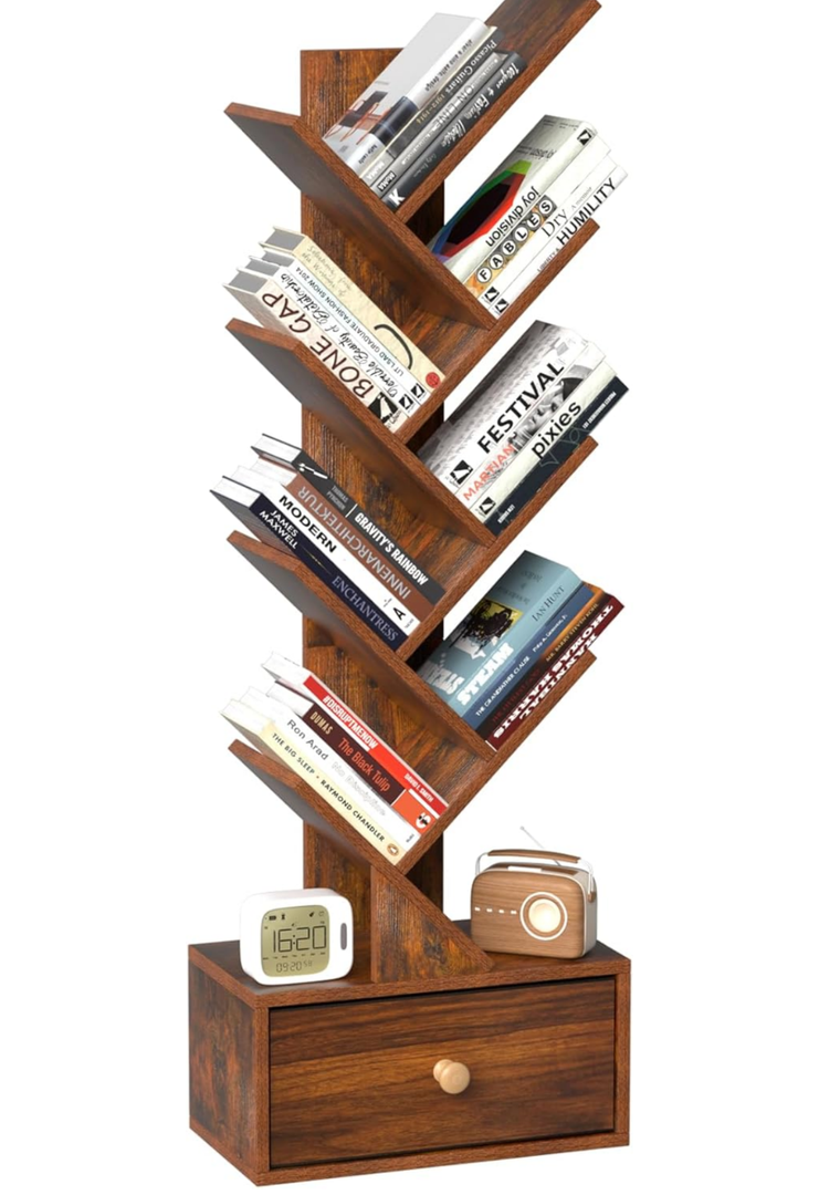 8 Tier Tree Bookshelf with Drawer, Free Standing Wood Bookcase for Narrow Space, Storage Organizer Bookshelves for Books, Book Case for Home Office, Living Room, Bedroom, Rustic Brown
