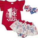 Toddler Baby Girl 4th Of July Outfit Ruffle Romper Star Shorts Skirt Headband Independence Day Clothes Dress Set (12-18 Months)