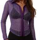 ZANZEA Women's Sexy Mesh Shirt Sheer Button Up Blouse See Through Long Sleeve Crop Top, Size Small
