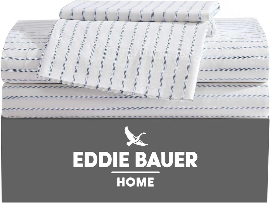 Eddie Bauer - Twin Size Sheet Set, 100% Cotton Percale Bedding, Crisp & Breathable Bed Sheets with Pillowcase, Fully Elastic Fitted Sheet, Deep Pocket Fit (Essential Stripe)