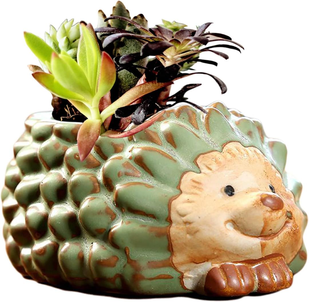 DIYOMR Small Ceramic Planter Pot, 4.3" Vintage Bronze Animal Planters Ceramic Flowerpot Succulent Pots Cactus Pot for Office Home Desktop Decor - Plants Not Included (Hedgehog Pot)