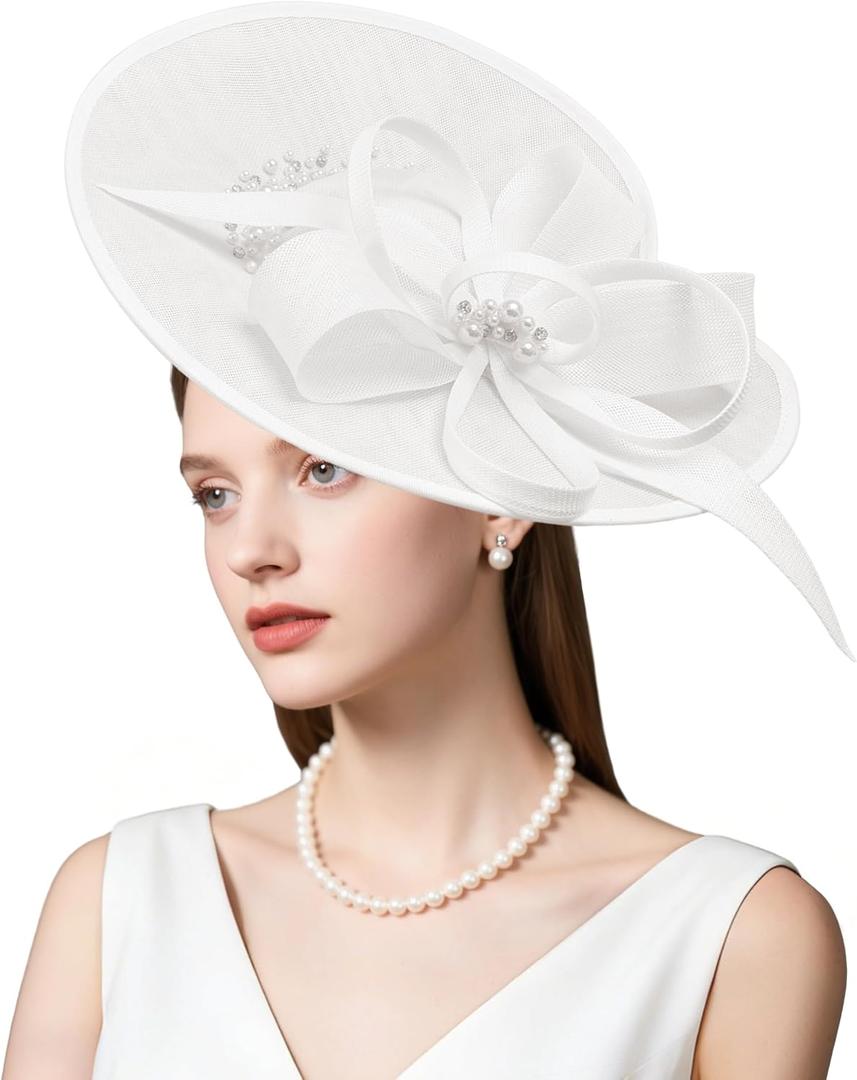 dressfan Vintage Fascinator Hats for Women,Linen Pearl Fascinator for Derby Church Wedding Tea Party (White)