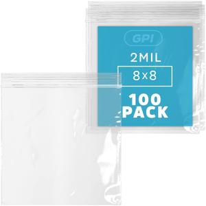 GPI - 8" x 8" Zip Bags, Clear Plastic Reclosable Zipper Baggies with Resealable Zip Top Lock for Sandwiches, Food Storage, Craft & Office Supplies & Toys. 2 Mil Thick. 100 Count