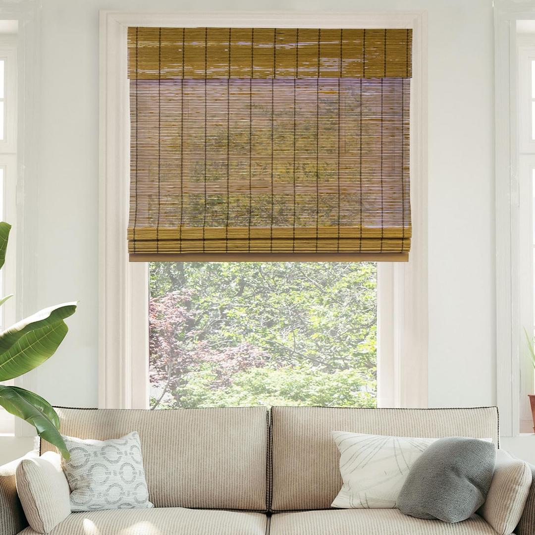 CHICOLOGY Bamboo Roman Shade, Cordless Light Filtering Woven Wood Window Treatment for Living Room, Dining Room, Kitchen & Office, Natural Bamboo Blinds for Boho Coastal Decor, Fox, 35"W x 64"H