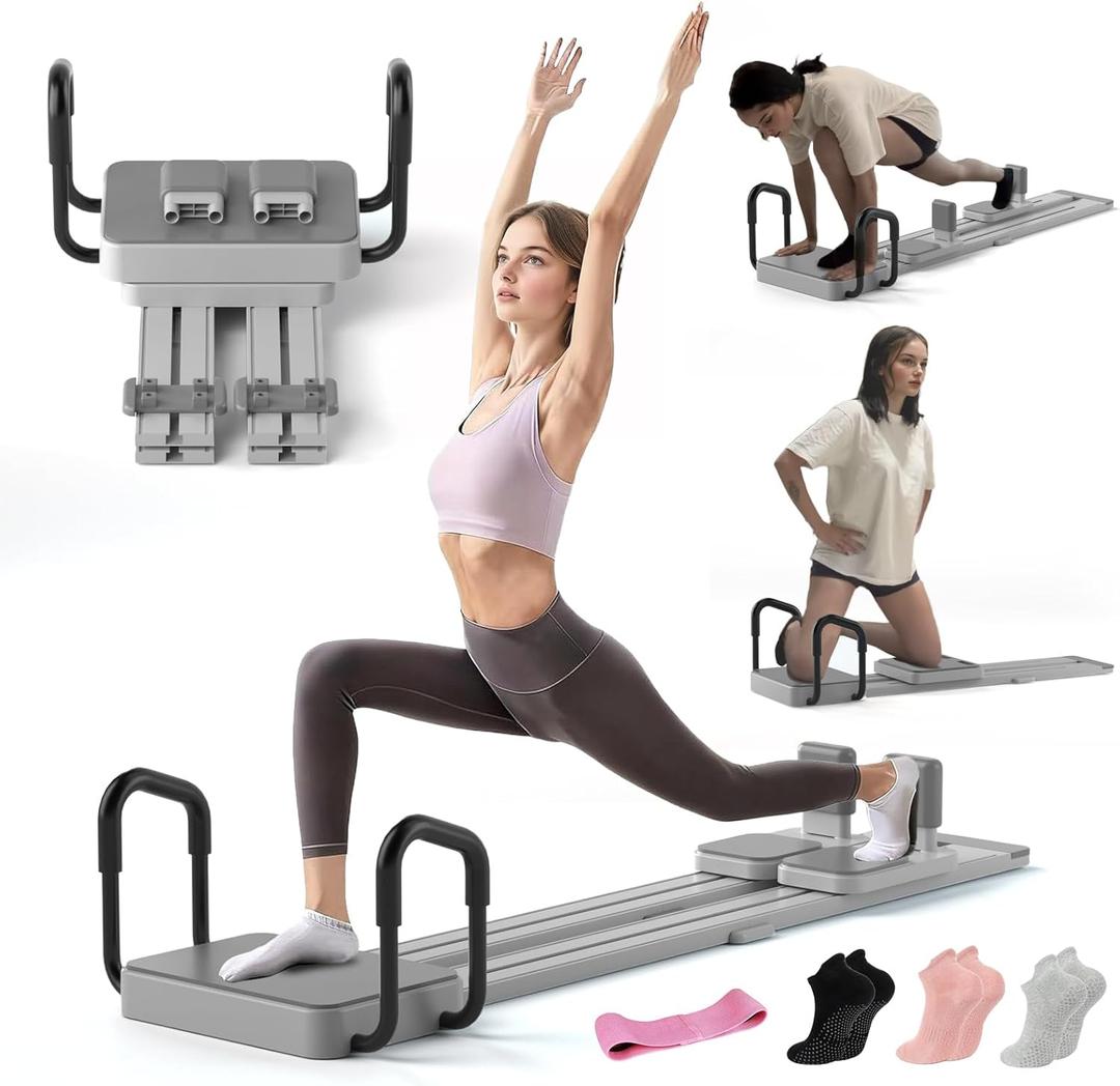 Lerpio Pilates Reformer Board with 66.9'' Extended Track, Portable Pilates Reformer Machine with 3 Pairs Yoga Sock, Quick Assembly, Pilates Ski Machine for Home Workout (Gray)