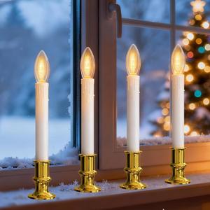 Romasaty 4 Pack Christmas Window Candle Lamps, Battery Operated Window Candle Lights with Automatic Timer and C26 3V LED Bulbs Candlestick for Indoor Windows Table Decor, 4 Suction Cups (BO-Gold)