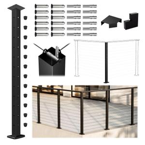 Muzata Black Corner 42 Inch Modular Cable Railing Post T-drilled One-Post Corner Solution Surface Mount Stainless Steel Cable Railing System Kit Indoor Outdoor Modular Post Kit RW36
