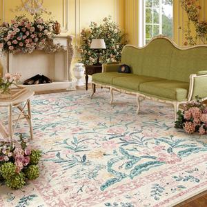 Lahome Large Rugs for Living Room,Boho Machine Washable Area Rugs 8x10,Ultra-Thin Floral Rug Non Slip,Vintage Distressed Soft Carpet for Bedroom Office Dining Room,Pink/Multi