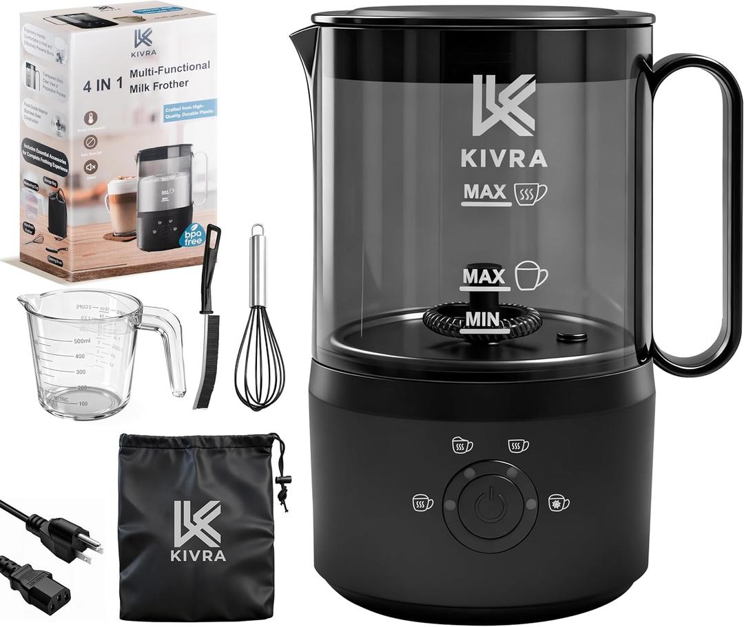 KIVRA Milk Frother and Steamer 350ml | 4 Mode cold foam maker for Hot and Cold Drinks | Durable Non Stick Milk Frother for Coffee Lovers Includes 1x Whisk, Measuring Cup, String Bag & Brush