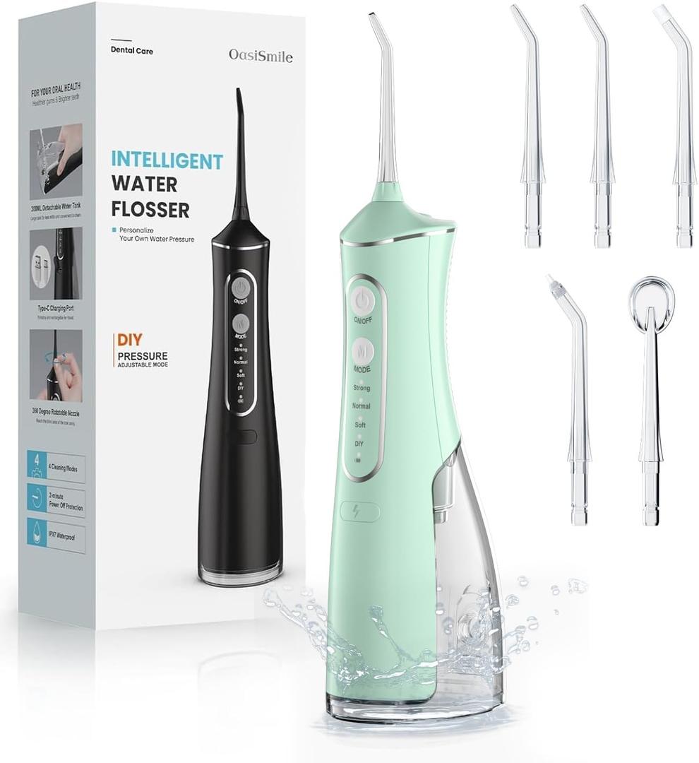 Water Flosser for Teeth Cleaning, 300ML Portable Cordless Oral Irrigator with DIY Strength, 4 Modes, IPX7 Waterproof & 30-Day Battery, 2-Min Smart Timer for Home/Travel Dental Care, Green