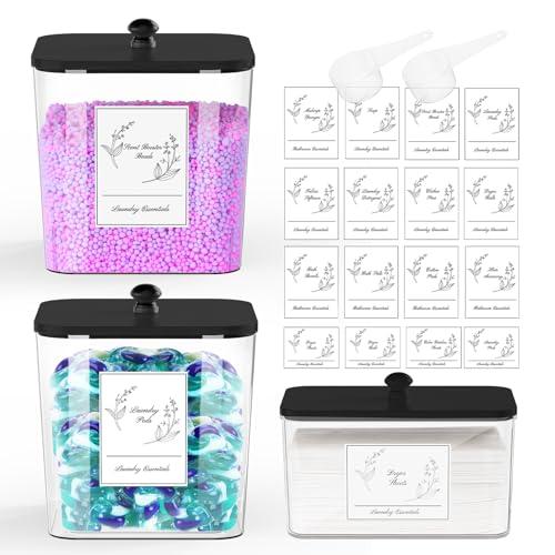 COAZEX 3 Pack Plastic Laundry Pods Container & Dryer Sheet Holder, Laundry Room Organization and Storage Jars with Lids, Scoops & Labels for Detergent, Powder, Scent Booster(Black Lid)