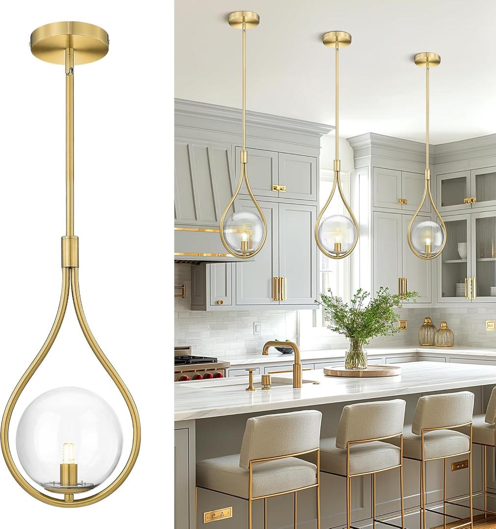 AUTELO Gold Pendant Lights Kitchen Island, 1-Light Hanging Lamp in Brushed Gold Finish with Clear Globe Glass, Mid Century Pendant Lights Kitchen Island, Gold Hanging Lights for Kitchen H9377 CLBG