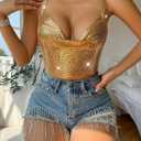 Womens Sexy Metallic Sequins Halter Crop Top Deep V Neck Backless Vest Shirt Clubwear Rave Outfit 50 * 30CMGold Strap (Gold)