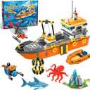 City Ocean Explorer Ship Building Set, Exploration Boat Set Toy Building Block with LED Lights, Helicopter, Submarine and Shark Cage, Birthday Gifts for 6 8 10 12 Years Old Boys Kids Girls