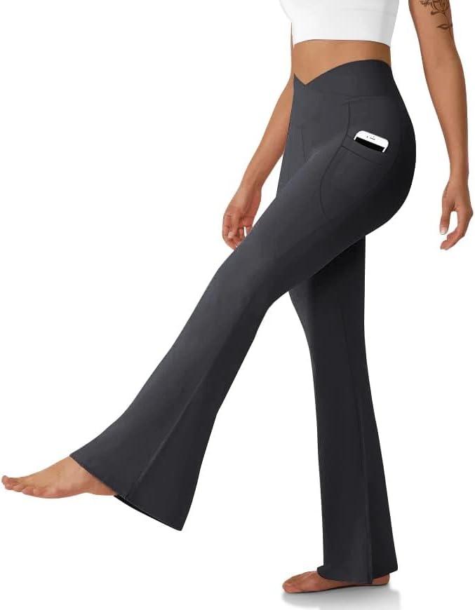 Women's Flare Leggings with Pockets Crossover High Waisted Bootcut Yoga Pants Tummy Control Bell Bottom Leggings (XX-Large, Dark Gray)