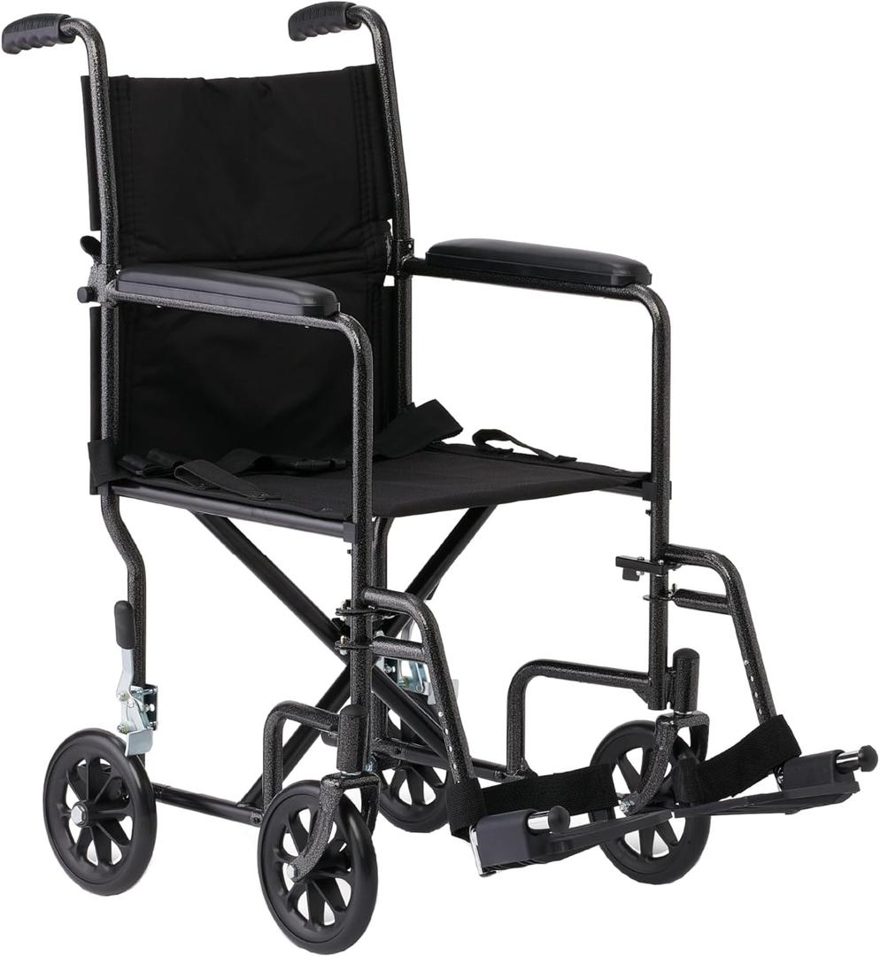 Medline Transport Wheelchair Lightweight Foldable for Adults, 17" Wide Seat Portable Transport Chair for Seniors, Swing-Away Footrests, 250 lb, Black