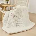 Bigacogo Chunky Knit Throw Blanket for Couch, 40x40 inches, 100% Hand Knitted with Thick Jumbo Chenille Yarn, Cozy Soft Large Rope Knot Cable Crochet Blankets for Sofa Bed Living Room, Ivory