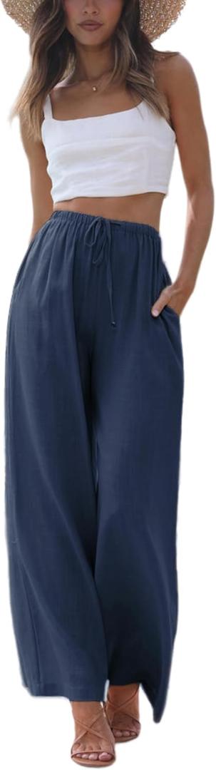 Faleave Women's Cotton Linen Summer Palazzo Pants Flowy Wide Leg Beach Trousers with Pockets (Blue, L)