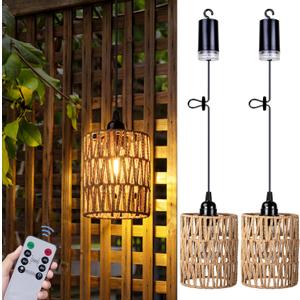 Battery Operated Chandelier, Battery Hanging Pendant Light, Rattan Lights with Warm White Bulb, 4*AA Battery Powered, for Gazebo Pergola Porch Patio Outdoor Indoor Decor (2)