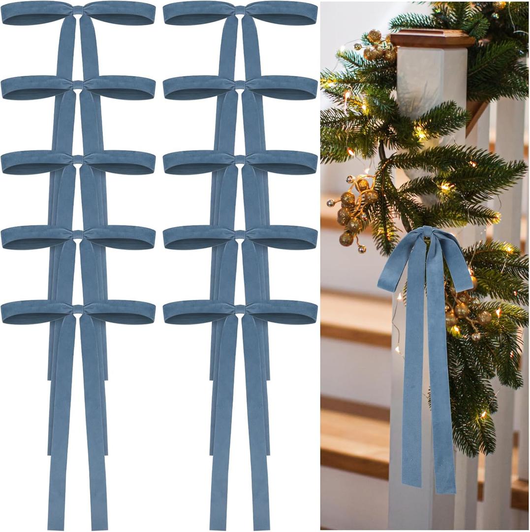 24 Pcs Velvet Bows Christmas Tree Ornaments Vintage Double Faced Velvet Ribbon Bows for Tree Garland Wreath Indoor Outdoor Xmas(9 x 13 Inch, Width of 1",Dusty Blue)