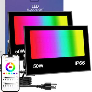 LED Flood Light Outdoor, 50W RGB Color Changing Smart Floodlights 2700K 5000LM Warm White & 16 Million Colors, RGBW Stage Lights with APP Control, 43 Modes, Grouping, Timing, IP66 Waterproof (2 Pack)