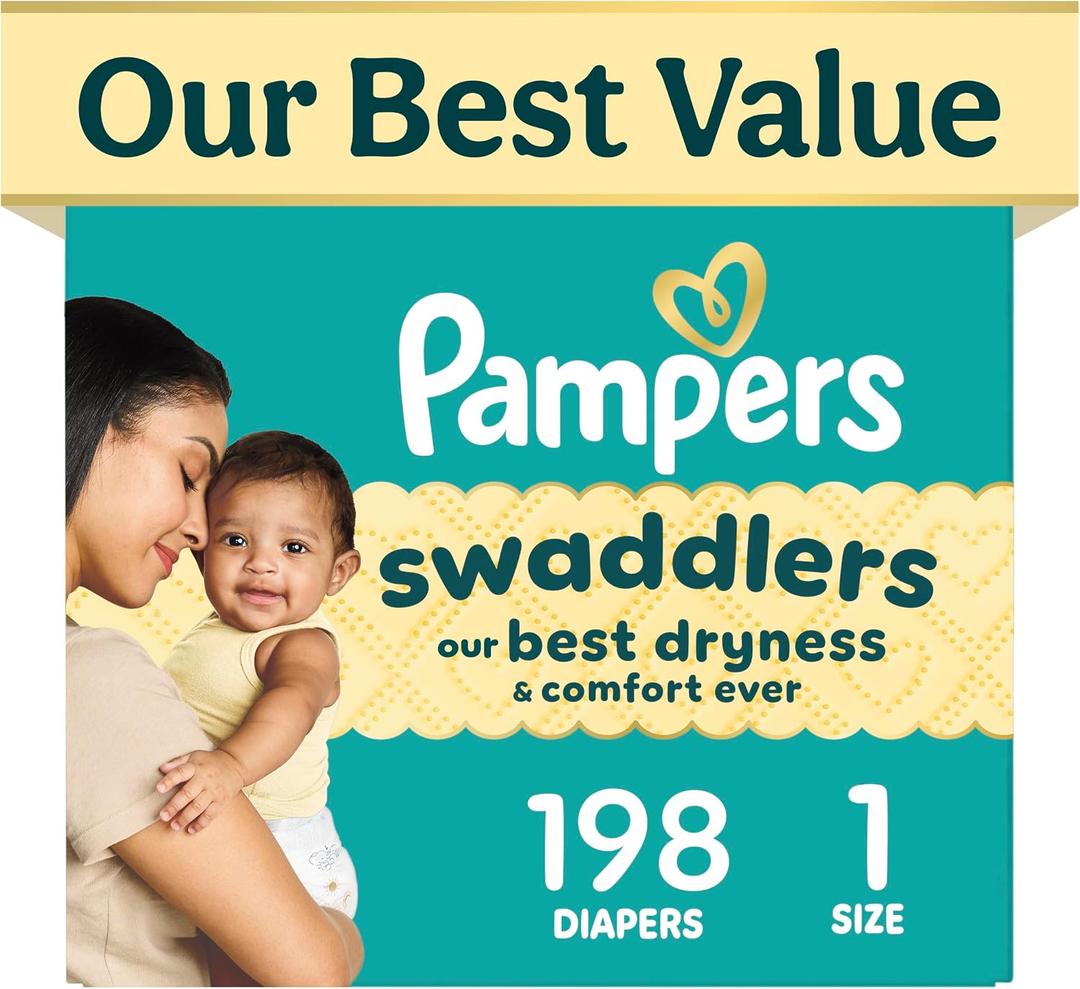 Pampers Swaddlers Diapers, Size 1 (8-14 lbs), 198 Count, Fragrance Free, Hypoallergenic, Absorbent, Pediatrician Recommended, Skin Safe