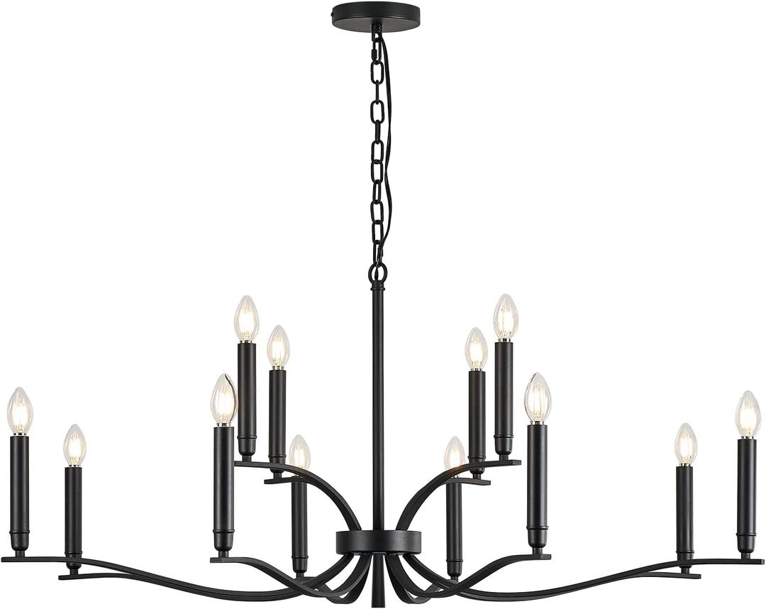 Black Living Room Chandelier 12 Light Hight Ceiling Foyer Candle Chandelier Large Dining Room Light Fixture Over Table 44in Metal Modern Chandeliers Hanging Light for Entry Master Bedroom
